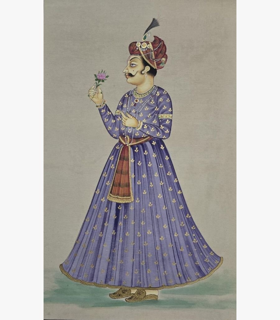 Chanchal Soni - The Royal Monarch - Acrylic on Paper Classical Indian miniature style painting by Chanchal Soni depicting an elegant royal king or maharaja in a purple gold-embroidered jama holding a flower, hand-painted in acrylic on paper.