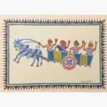 Authentic Indian tribal folk art painting by Chanchal Soni showcasing four cheerful village passengers waving from a decorated bullock cart pulled by a patterned ox, hand-painted in acrylic on paper.