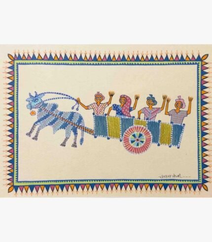 Authentic Indian tribal folk art painting by Chanchal Soni showcasing four cheerful village passengers waving from a decorated bullock cart pulled by a patterned ox, hand-painted in acrylic on paper.
