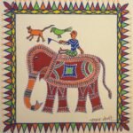 Traditional Indian tribal folk art painting by Chanchal Soni featuring a mahout riding a decorated red elephant alongside a parrot and a small animal, hand-painted in acrylic on paper.