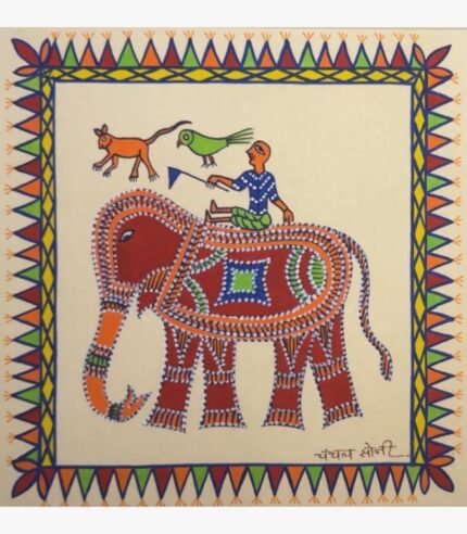 Traditional Indian tribal folk art painting by Chanchal Soni featuring a mahout riding a decorated red elephant alongside a parrot and a small animal, hand-painted in acrylic on paper.
