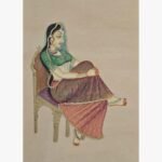 Classical Indian miniature style painting by Chanchal Soni depicting an elegant royal princess resting on an ornate golden throne chair, hand-painted in acrylic on paper.