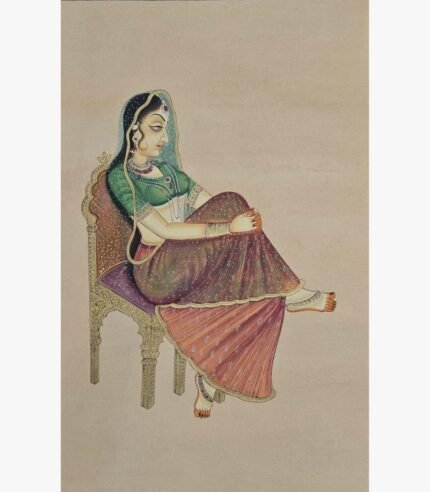 Classical Indian miniature style painting by Chanchal Soni depicting an elegant royal princess resting on an ornate golden throne chair, hand-painted in acrylic on paper.