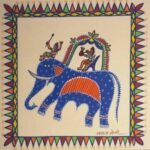Traditional Indian tribal folk art painting by Chanchal Soni featuring a stylized blue elephant with a rider and a musician playing under a decorated canopy, hand-painted in acrylic on paper.