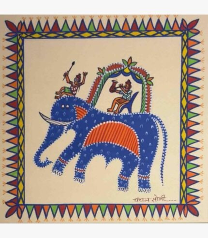 Traditional Indian tribal folk art painting by Chanchal Soni featuring a stylized blue elephant with a rider and a musician playing under a decorated canopy, hand-painted in acrylic on paper.
