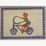Traditional Indian tribal folk art painting by Chanchal Soni featuring a cheerful village man riding a highly patterned bicycle, hand-painted in acrylic on paper.