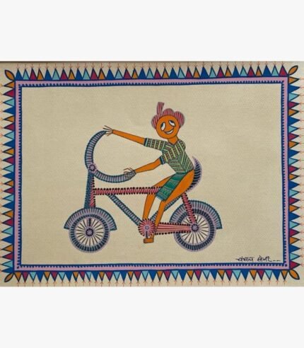 Traditional Indian tribal folk art painting by Chanchal Soni featuring a cheerful village man riding a highly patterned bicycle, hand-painted in acrylic on paper.