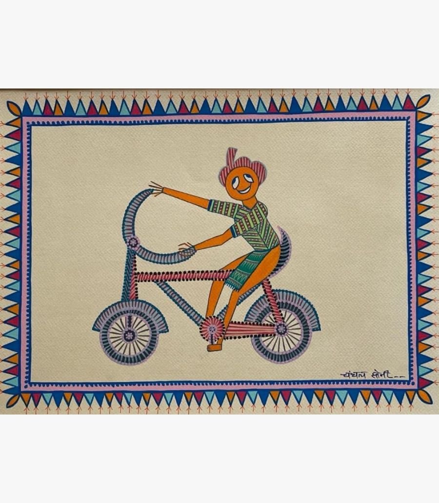 Chanchal Soni - Joyride of Tradition - Acrylic on Paper Traditional Indian tribal folk art painting by Chanchal Soni featuring a cheerful village man riding a highly patterned bicycle, hand-painted in acrylic on paper.