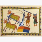 Traditional Indian tribal folk art painting by Chanchal Soni depicting rural village farmers plowing a field with two decorated oxen, hand-painted in acrylic on paper.