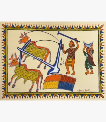 Traditional Indian tribal folk art painting by Chanchal Soni depicting rural village farmers plowing a field with two decorated oxen, hand-painted in acrylic on paper.