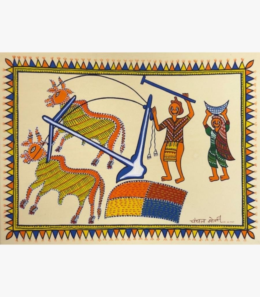 Chanchal Soni - Rhythms of the Harvest - Acrylic on Paper Traditional Indian tribal folk art painting by Chanchal Soni depicting rural village farmers plowing a field with two decorated oxen, hand-painted in acrylic on paper.