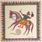 Traditional Indian tribal folk art painting by Chanchal Soni featuring a stylized village horseman holding a smoking pipe on a decorated multicolored horse, hand-painted in acrylic on paper.