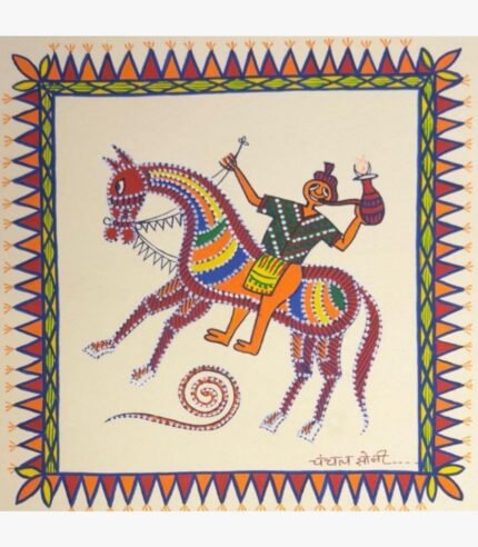 Traditional Indian tribal folk art painting by Chanchal Soni featuring a stylized village horseman holding a smoking pipe on a decorated multicolored horse, hand-painted in acrylic on paper.
