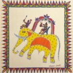 Traditional Indian tribal folk art painting by Chanchal Soni featuring a stylized yellow elephant with an animated rider and a musician sitting under a decorated canopy, hand-painted in acrylic on paper.