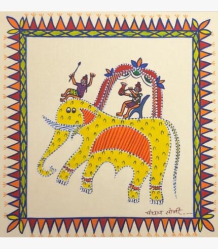 Traditional Indian tribal folk art painting by Chanchal Soni featuring a stylized yellow elephant with an animated rider and a musician sitting under a decorated canopy, hand-painted in acrylic on paper.