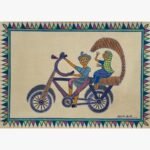 Traditional Indian tribal folk art painting by Chanchal Soni featuring a cheerful couple riding a highly patterned cycle rickshaw, hand-painted in acrylic on paper.