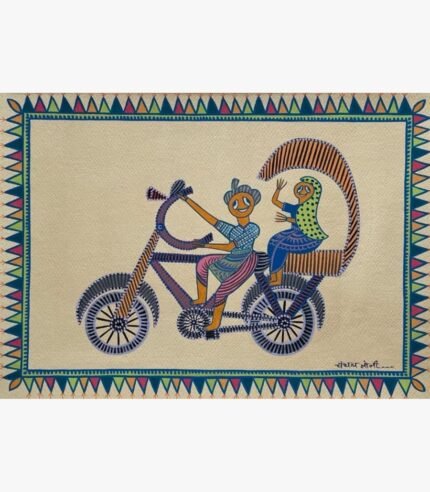 Traditional Indian tribal folk art painting by Chanchal Soni featuring a cheerful couple riding a highly patterned cycle rickshaw, hand-painted in acrylic on paper.