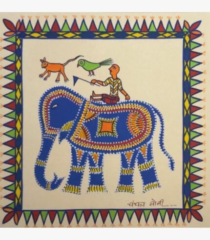 Traditional Indian tribal folk art painting by Chanchal Soni featuring a mahout riding a decorated blue elephant alongside a green parrot and a small orange animal, hand-painted in acrylic on paper.