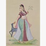 Classical Indian miniature style painting by Chanchal Soni depicting an elegant royal princess holding a sprig of leaves beside a gentle black deer, hand-painted in acrylic on paper.