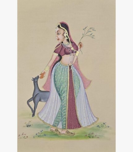 Classical Indian miniature style painting by Chanchal Soni depicting an elegant royal princess holding a sprig of leaves beside a gentle black deer, hand-painted in acrylic on paper.