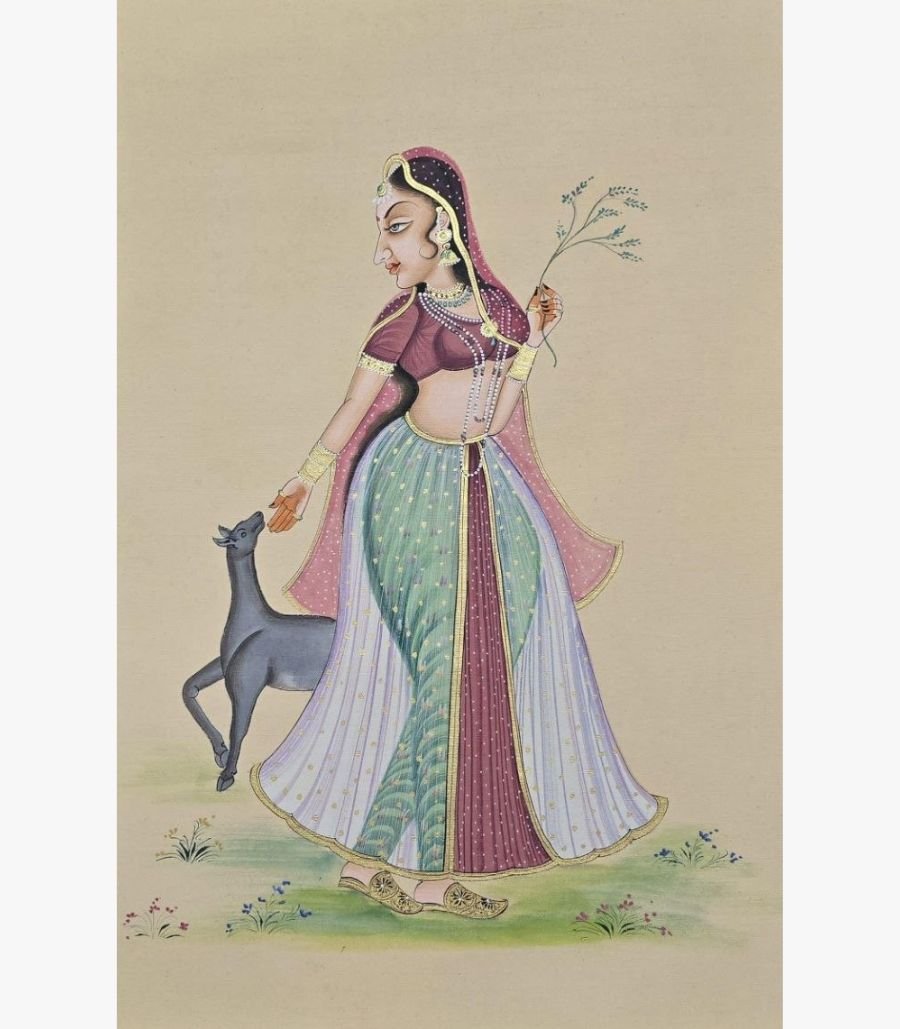 Chanchal Soni - Regal Gaze with Deer - Acrylic on Paper Classical Indian miniature style painting by Chanchal Soni depicting an elegant royal princess holding a sprig of leaves beside a gentle black deer, hand-painted in acrylic on paper.