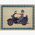 Traditional Indian tribal folk art painting by Chanchal Soni featuring a smiling village man riding a highly detailed black motorcycle, hand-painted in acrylic on paper.