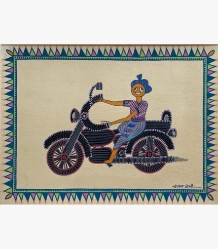Traditional Indian tribal folk art painting by Chanchal Soni featuring a smiling village man riding a highly detailed black motorcycle, hand-painted in acrylic on paper.