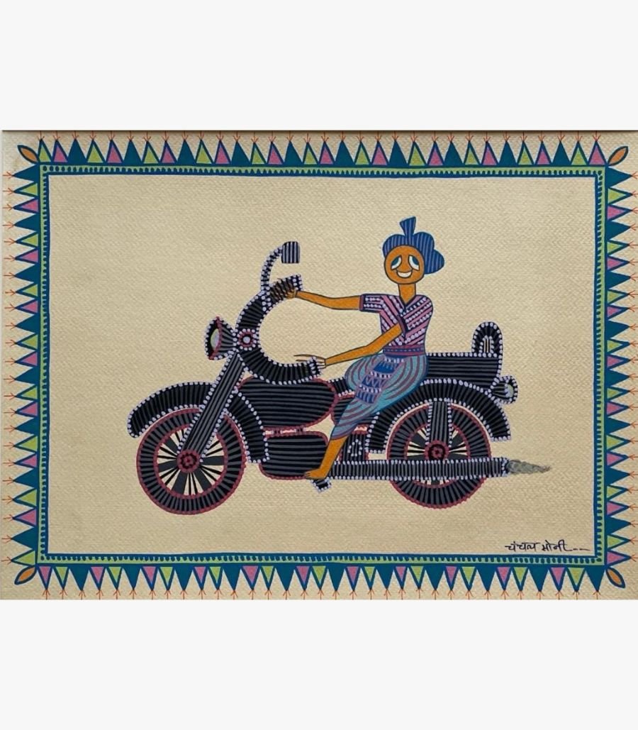 Chanchal Soni - Village Rider on Motorcycle - Acrylic on Paper Traditional Indian tribal folk art painting by Chanchal Soni featuring a smiling village man riding a highly detailed black motorcycle, hand-painted in acrylic on paper.