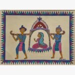Traditional Indian tribal folk art painting by Chanchal Soni featuring two bearers carrying a bride or royal lady inside an ornate palanquin doli, hand-painted in acrylic on paper.