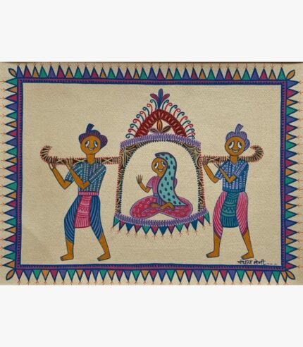 Traditional Indian tribal folk art painting by Chanchal Soni featuring two bearers carrying a bride or royal lady inside an ornate palanquin doli, hand-painted in acrylic on paper.