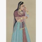 Classical Indian miniature style painting by Chanchal Soni depicting an elegant royal princess in traditional dress gently holding a white dove, hand-painted in acrylic on paper.
