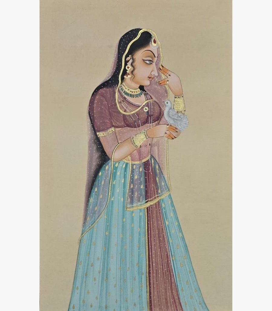 Chanchal Soni - The Princess and the Dove - Acrylic on Paper Classical Indian miniature style painting by Chanchal Soni depicting an elegant royal princess in traditional dress gently holding a white dove, hand-painted in acrylic on paper.