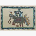 Traditional Indian tribal folk art painting by Chanchal Soni featuring a stylized gray-green elephant carrying a canopy with a couple inside, a joyful guide, and monkeys climbing its tail, hand-painted in acrylic on paper.