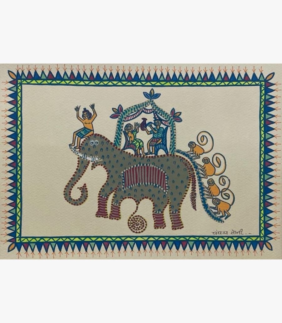 Chanchal Soni - The Enchanted Elephant Safari - Acrylic on Paper Traditional Indian tribal folk art painting by Chanchal Soni featuring a stylized gray-green elephant carrying a canopy with a couple inside, a joyful guide, and monkeys climbing its tail, hand-painted in acrylic on paper.