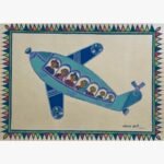 Traditional Indian tribal folk art painting by Chanchal Soni featuring a stylized teal and blue airplane filled with smiling passengers, hand-painted in acrylic on paper.