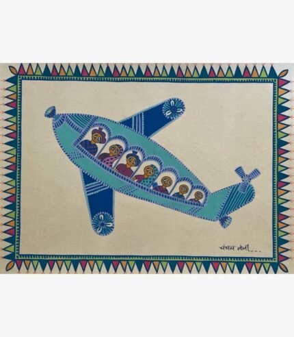 Traditional Indian tribal folk art painting by Chanchal Soni featuring a stylized teal and blue airplane filled with smiling passengers, hand-painted in acrylic on paper.