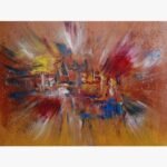 Original abstract expressionist painting titled Fiery Resonance by Bharat Maniyar featuring an energetic explosion of crimson red, deep blue, and bright yellow acrylic brushstrokes on a warm terracotta background canvas.