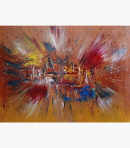 Original abstract expressionist painting titled Fiery Resonance by Bharat Maniyar featuring an energetic explosion of crimson red, deep blue, and bright yellow acrylic brushstrokes on a warm terracotta background canvas.