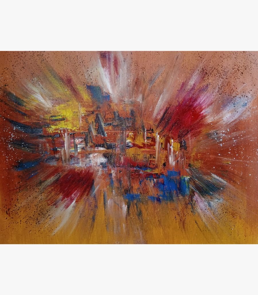 1 Original abstract expressionist painting titled Fiery Resonance by Bharat Maniyar featuring an energetic explosion of crimson red, deep blue, and bright yellow acrylic brushstrokes on a warm terracotta background canvas.