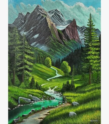 Original acrylic painting titled Emerald Valley Majesty by Raj Patel featuring a vibrant turquoise alpine stream winding through a lush green meadow towards snow-capped mountain peaks.