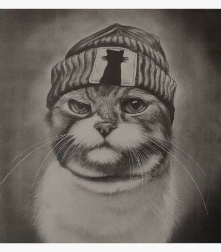 Original charcoal pencil sketch titled Feline Attitude by Sunny Devani depicting an expressive, grumpy cat wearing a knitted beanie hat with a cat silhouette patch.