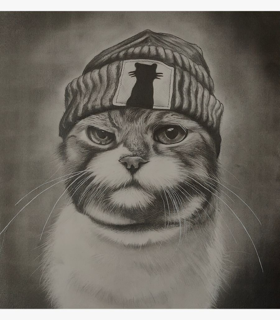 1 Original charcoal pencil sketch titled Feline Attitude by Sunny Devani depicting an expressive, grumpy cat wearing a knitted beanie hat with a cat silhouette patch.