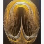 Contemporary geometric string art on a dark wooden board titled Golden Luminescence by Asit Trivedi featuring intricate yellow, gold, and white threads woven across metallic nails to form a complex oval and architectural spire composition.