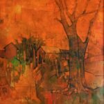 Original contemporary acrylic painting titled Autumnal Village by Sajjad Kapasi showcasing an abstract rural landscape with a prominent bare tree and small rustic houses enveloped in deep orange and amber tones.