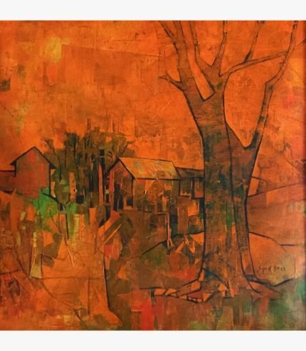 Original contemporary acrylic painting titled Autumnal Village by Sajjad Kapasi showcasing an abstract rural landscape with a prominent bare tree and small rustic houses enveloped in deep orange and amber tones.