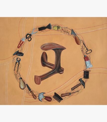 Original contemporary surrealist watercolor painting titled The Cobbler's Orbit by Vala Yash showcasing an antique iron shoe last enclosed within a circular loop of traditional leather crafting tools against a warm tan background with stitched line patterns.