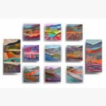 A stunning 11-panel modern abstract landscape art installation featuring a 3x3 square grid flanked by two vertical panels showing vibrant, patterned rolling hills and cottages by Vikas Shiyal.