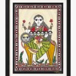 A traditional Madhubani painting on handmade paper depicting Goddess Skandamata seated on a lion holding pink lotus flowers and young Lord Skanda, with an eye-pattern border by artist Anupriya.