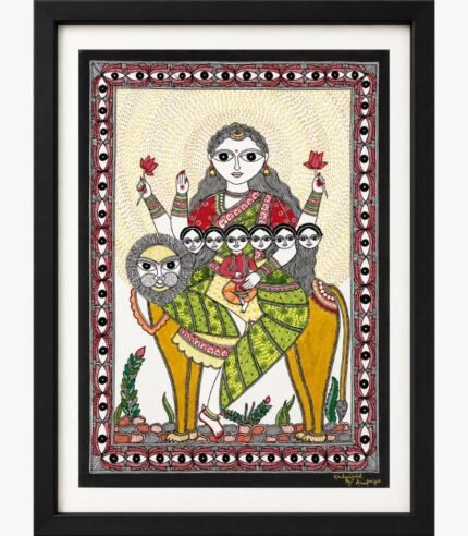 A traditional Madhubani painting on handmade paper depicting Goddess Skandamata seated on a lion holding pink lotus flowers and young Lord Skanda, with an eye-pattern border by artist Anupriya.