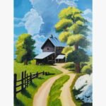 Original landscape painting titled Serene Homestead by Falguni Dhapa featuring a rustic wooden farmhouse nestled in green meadows with a winding dirt road and brilliant blue sky on canvas.